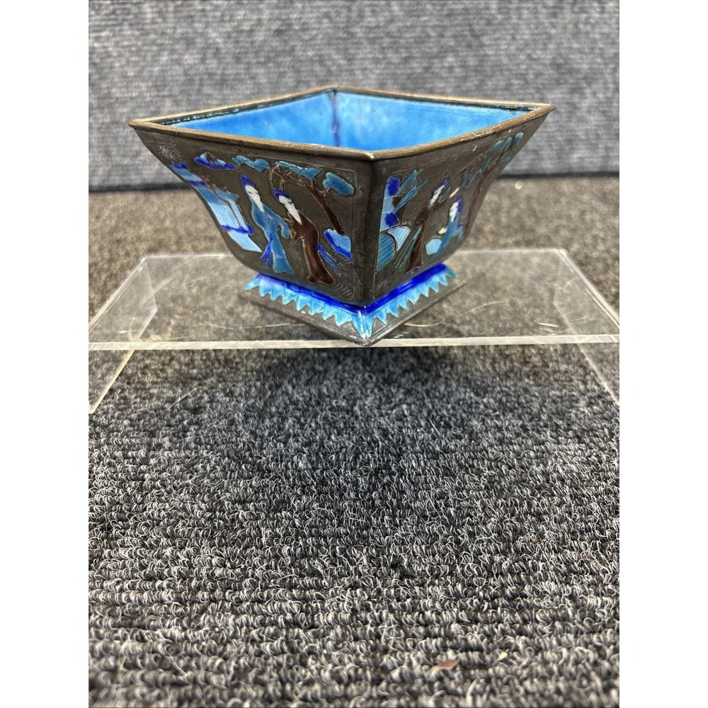 Vtg~Chinese Enameled Copper Blue Lined/Enamel Square Bowl~ Family Story
